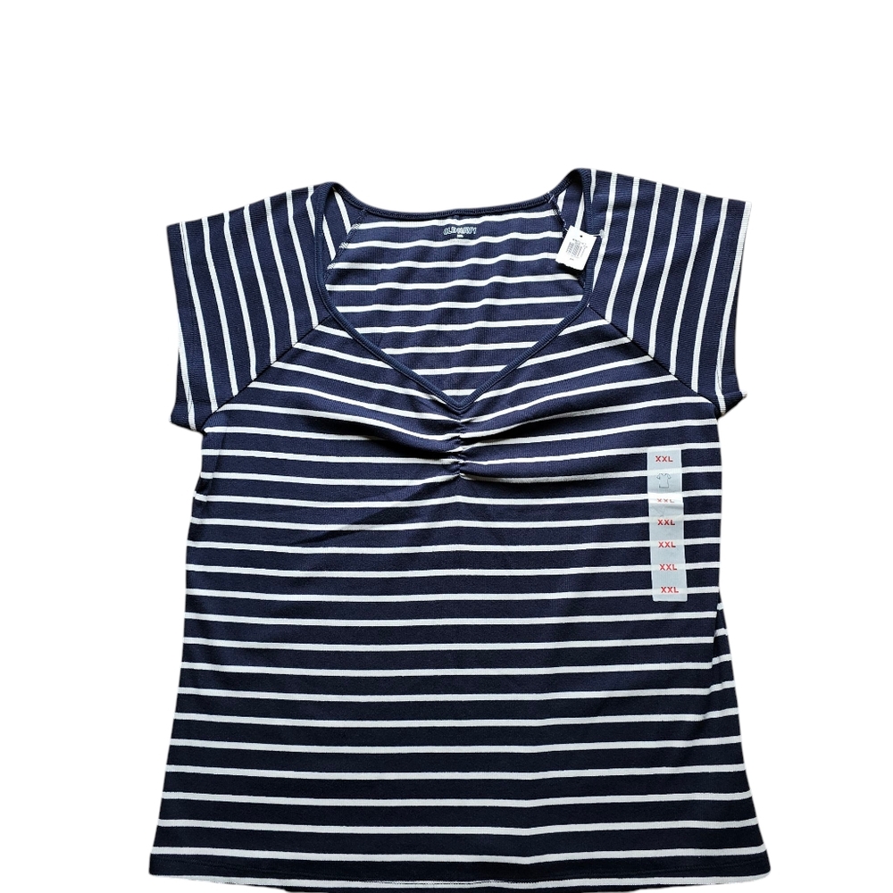 Old Navy Short Sleeve V-Neck Tee Navy Blue And White Stripe Size XXL